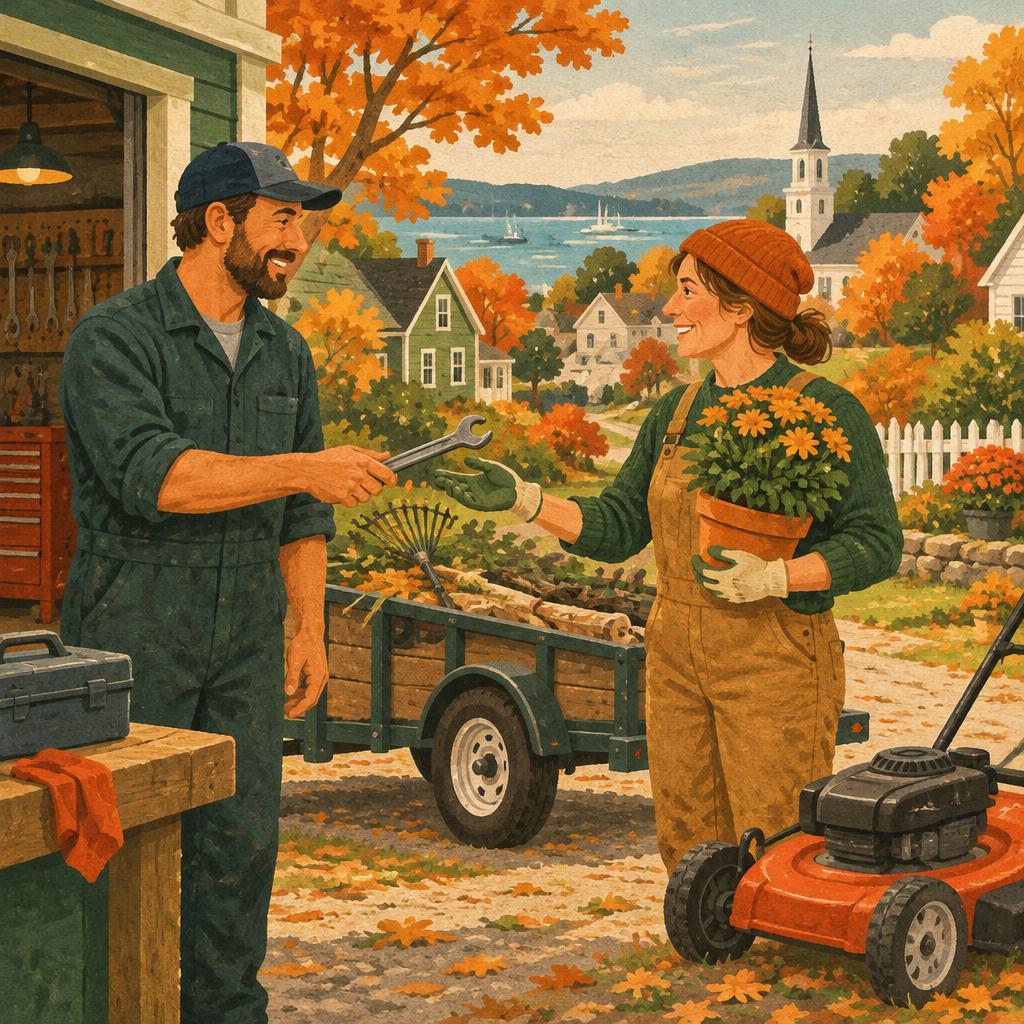 Neighbors trading tools and garden work